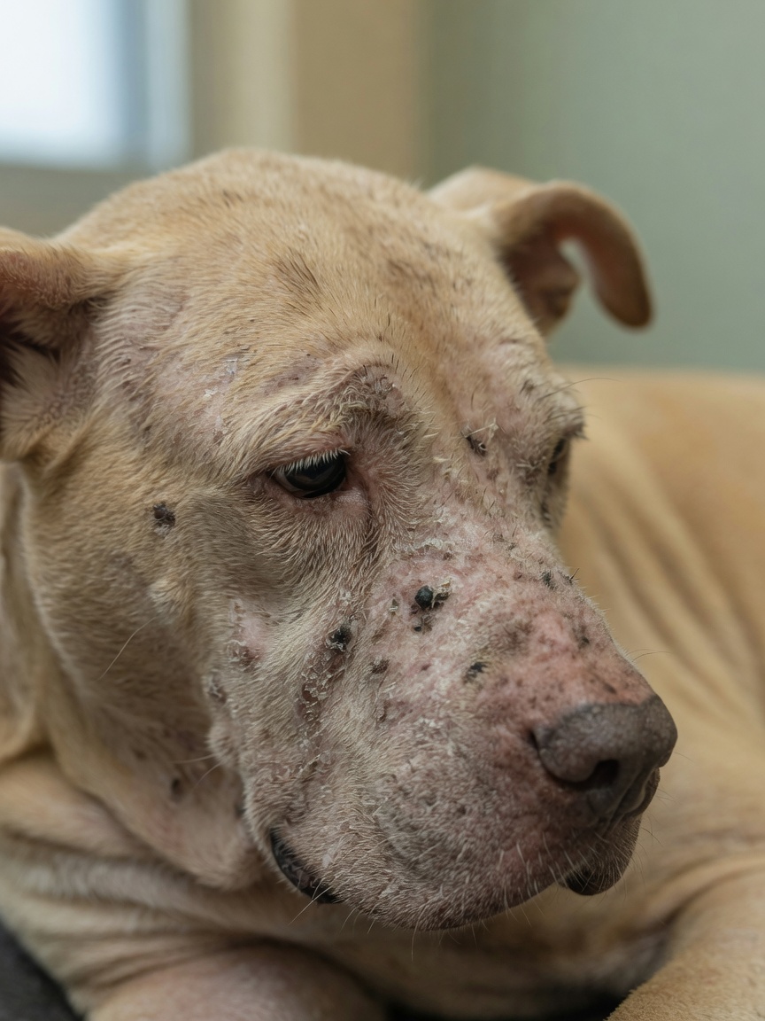 Close-up of localized demodectic mange showing patchy hair loss and mild scaling on a dog's muzzle