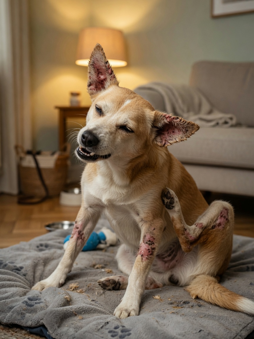 A dog scratching intensely at its ear margins and elbows, showing visible hair loss and skin irritation from sarcoptic mange