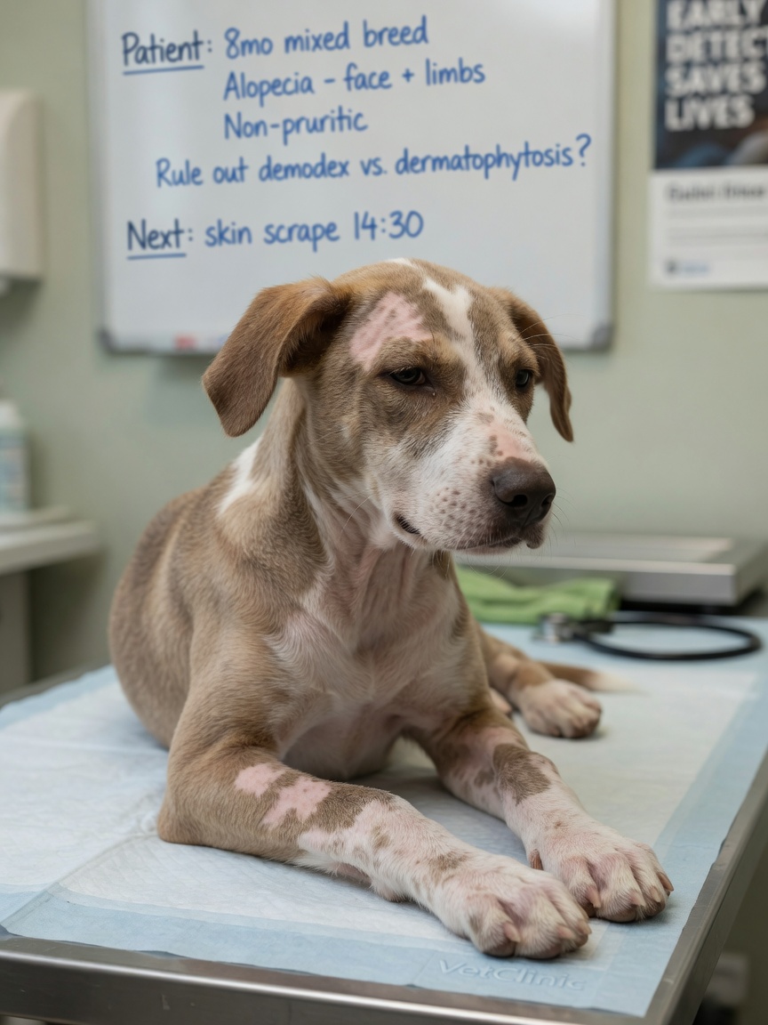 A young dog with localized patchy hair loss around the face and muzzle, showing calm demeanor typical of demodectic mange