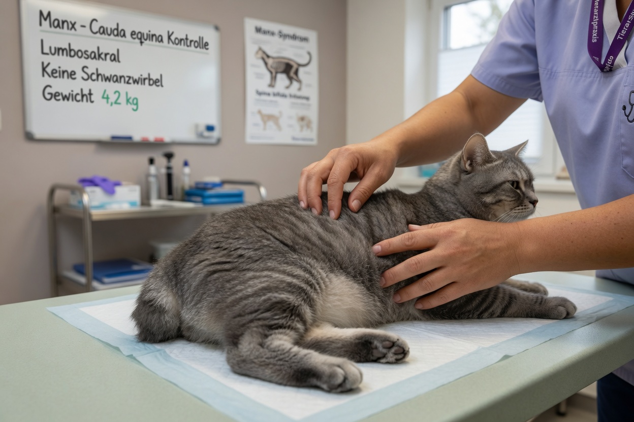 Veterinarian gently examining the lower spine and hind quarters of a tailless Manx cat on an exam table to assess for spinal abnormalities