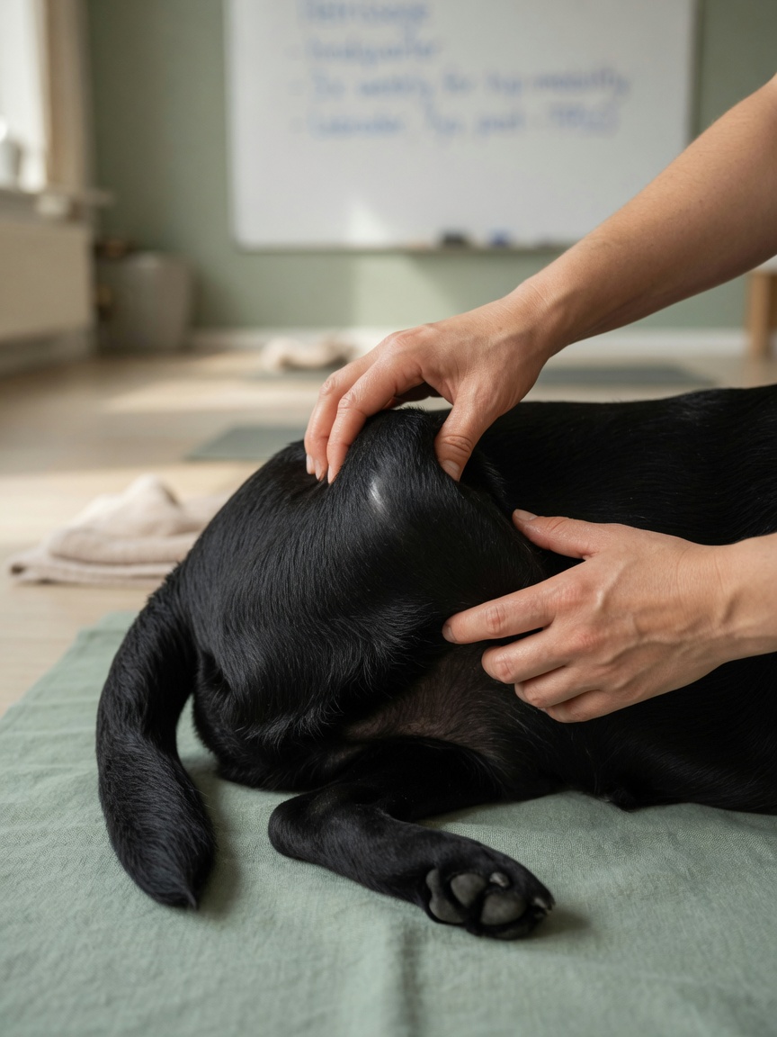 Nahaufnahme der Händen eines Therapeuten, der die Petrissage-Kneattechnik auf die Hintermuskulatur eines schwarzen Labradors während einer Massagebehandlung ausführt