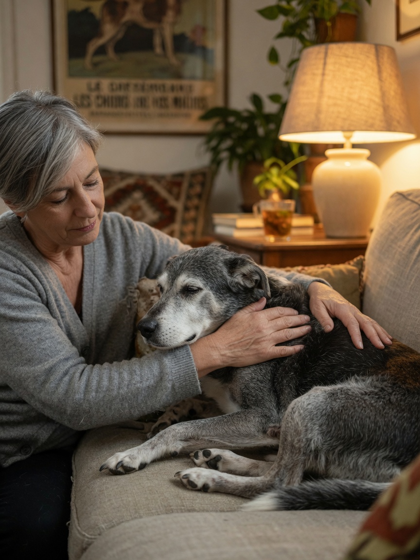 Hundebesitzer zu Hause, der seinem älteren Hund sanfte Effleurage-Massagestriche an Nacken und Schultern auf dem Sofa gibt und einen ruhigen Bindungsmoment schafft
