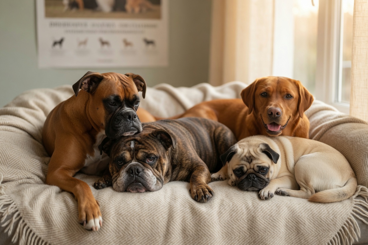 Four high-risk dog breeds for mast cell tumours: Boxer, Bulldog, Labrador Retriever, and Pug resting together