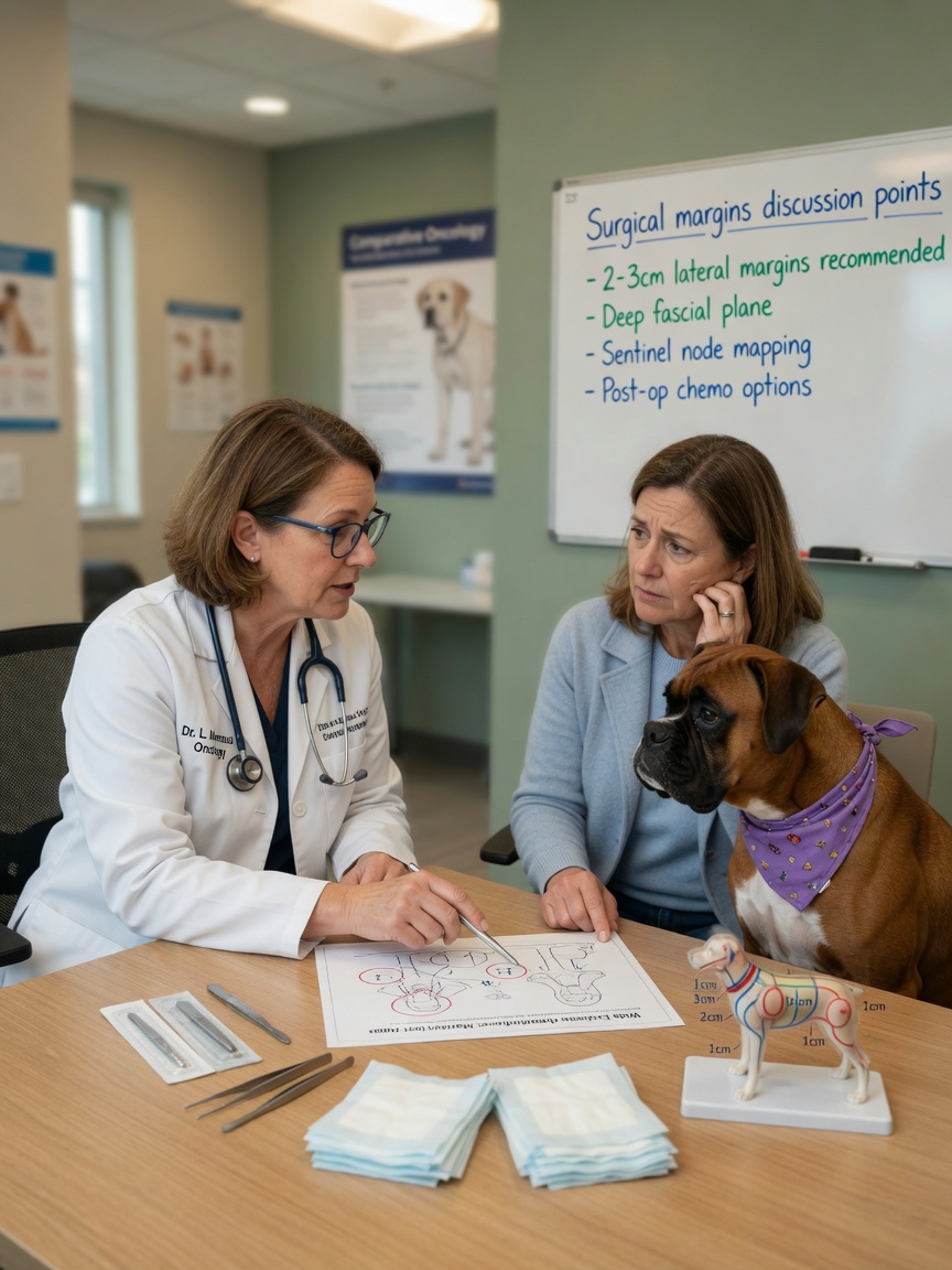 Veterinary oncologist discussing surgical treatment options with dog owner and surgical instruments displayed