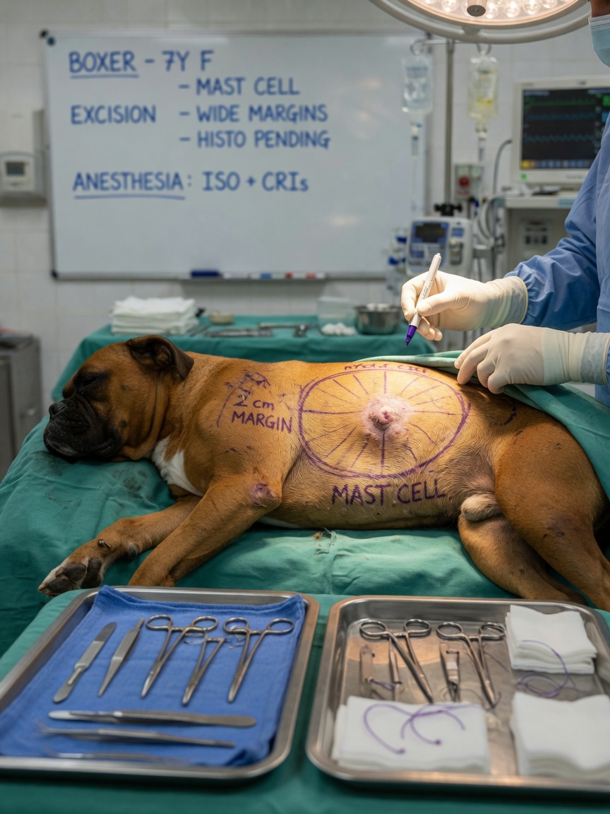 Surgical specialist marking wide excision margins around a mast cell tumour on a boxer dog before surgery