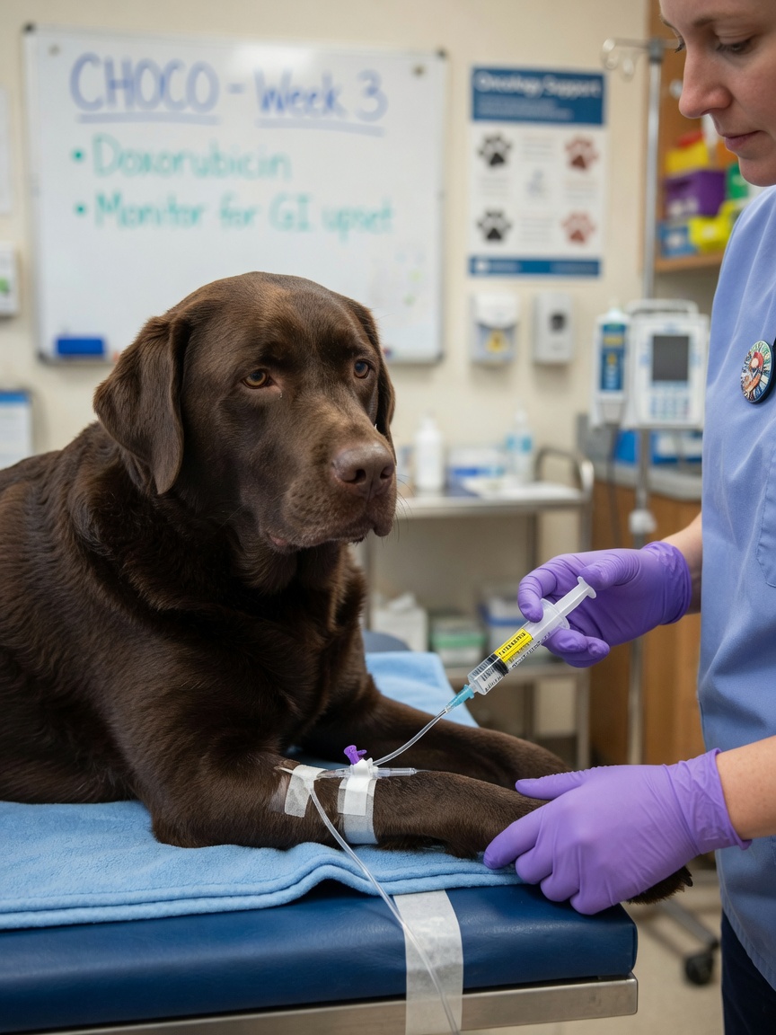 Labrador retriever receiving intravenous chemotherapy treatment in a veterinary oncology clinic for mast cell tumour management
