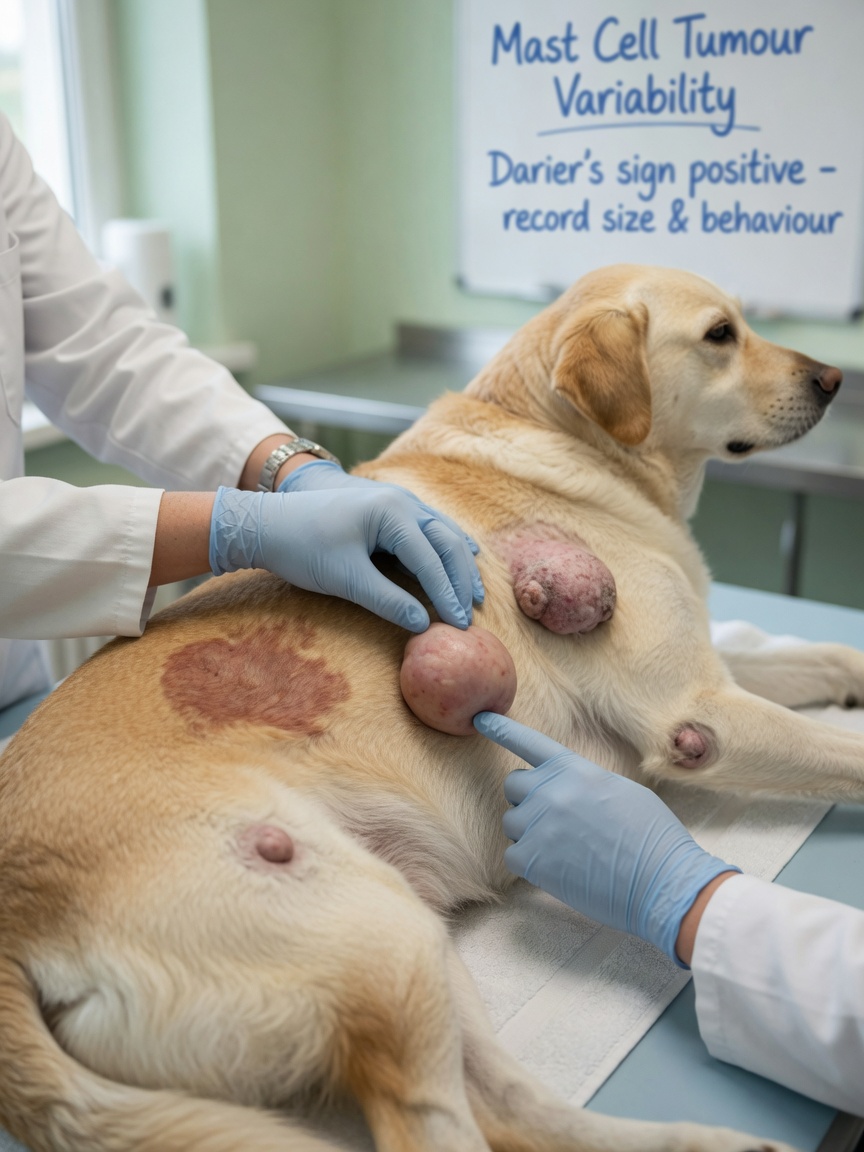 Close-up of multiple skin masses on a dog demonstrating the variable appearance of mast cell tumours