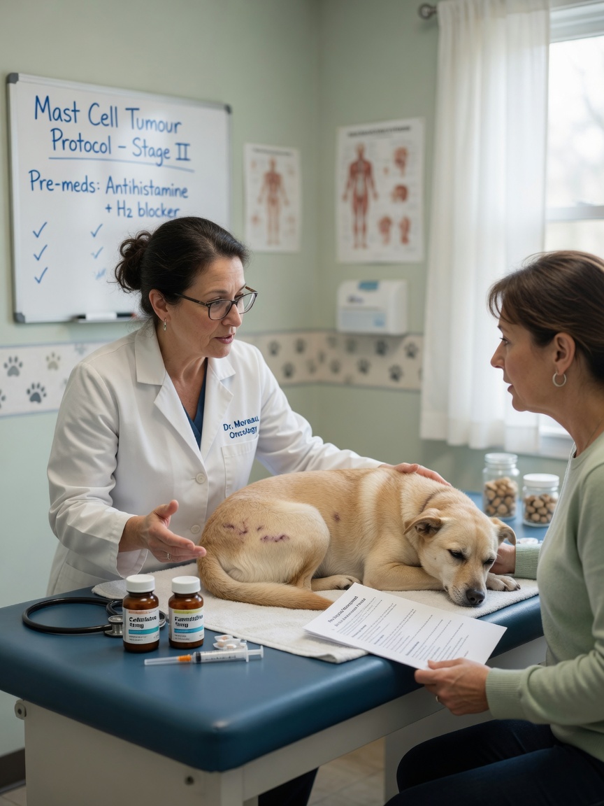 Veterinary oncologist discussing mast cell tumour treatment options with dog owner, with medications visible