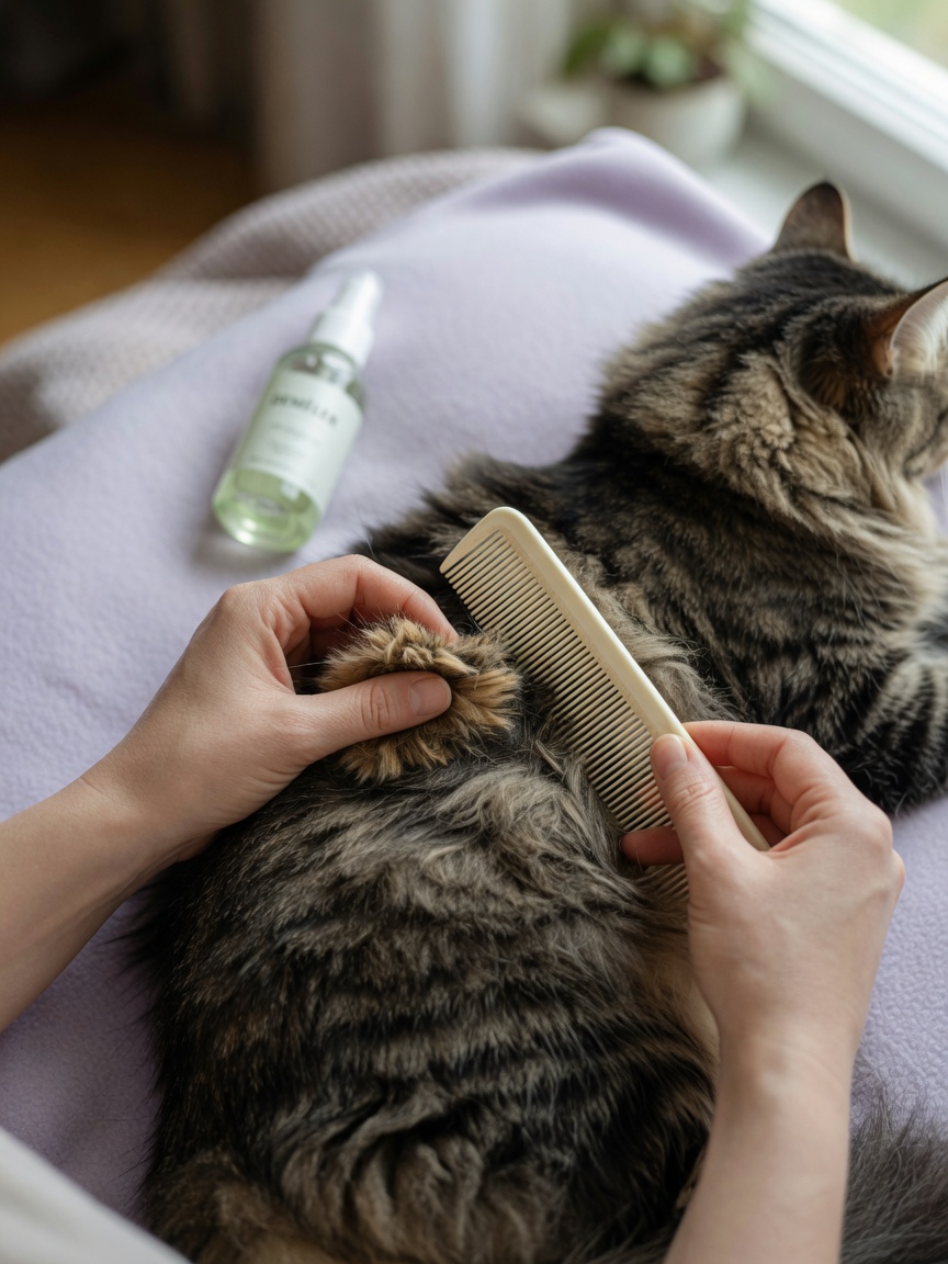 Cat owner's hands gently removing a small mat from tabby cat's coat using a wide-toothed comb and detangling spray at home
