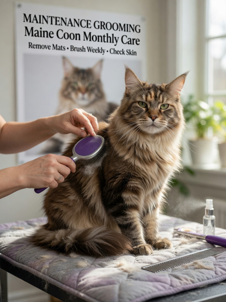 Groomer brushing a long-haired Maine Coon cat's freshly groomed coat with slicker brush during a maintenance grooming session