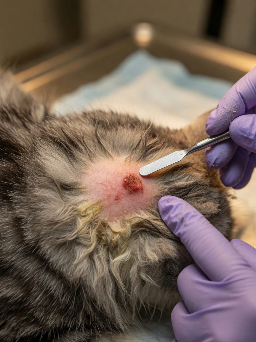 Close-up of inflamed cat skin beneath matted fur showing redness and irritation, examined by a veterinarian's gloved hand