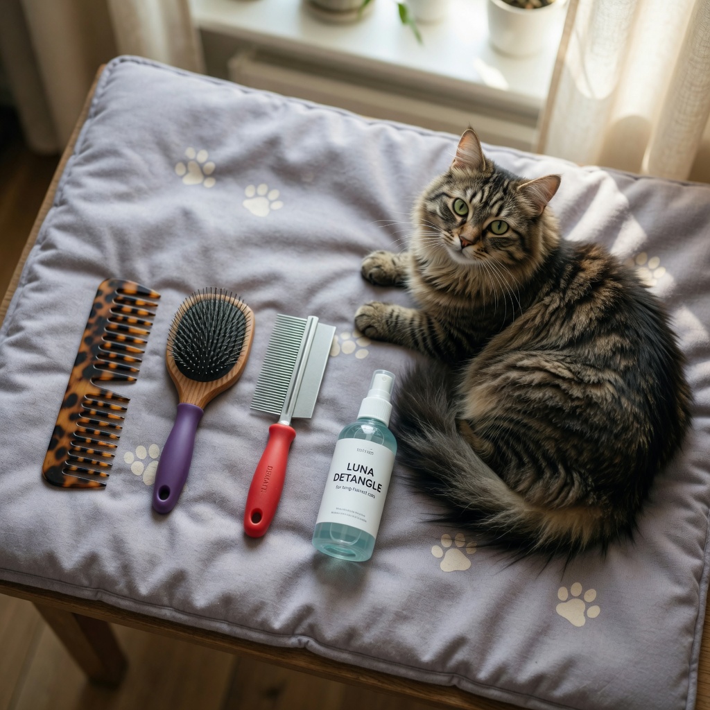 Grooming tools including dematting comb, wide-toothed comb, slicker brush, and detangling spray arranged with a calm long-haired tabby cat ready for grooming