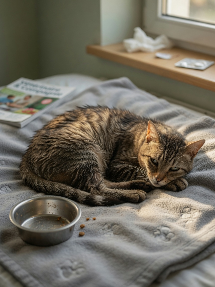 A thin, lethargic tabby cat lying on a soft blanket showing signs of weight loss and muscle wasting from megacolon