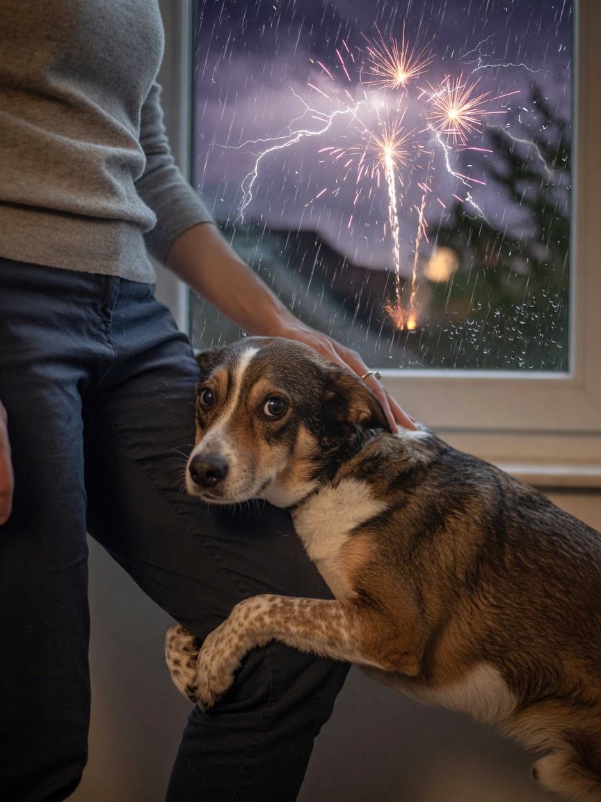 An anxious dog seeking comfort during a thunderstorm, with owner's reassuring hand, illustrating noise phobia in dogs that may benefit from melatonin.