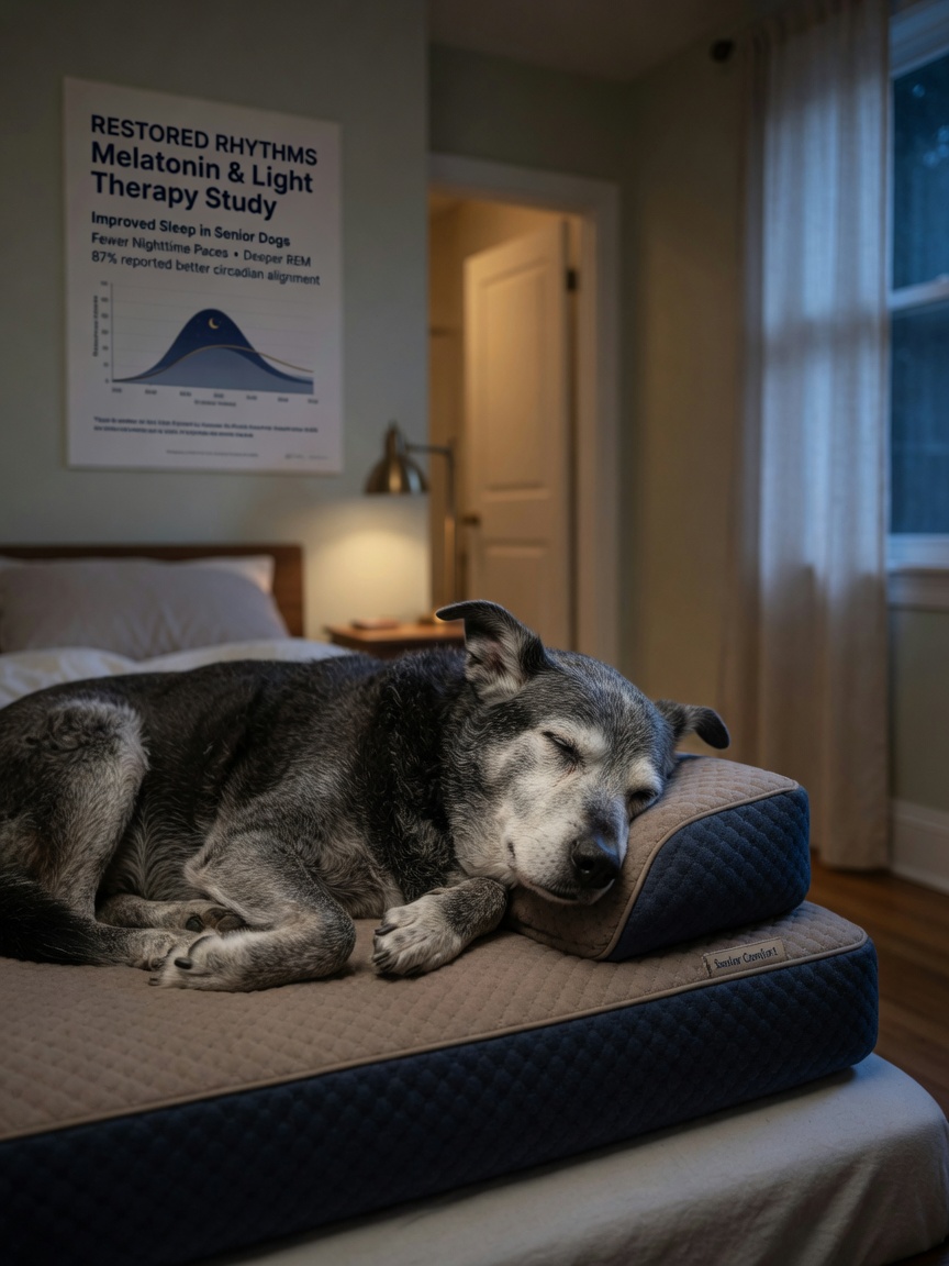 An elderly senior dog with gray muzzle sleeping peacefully on an orthopedic bed at night, representing improved sleep quality in aging dogs with cognitive dysfunction.