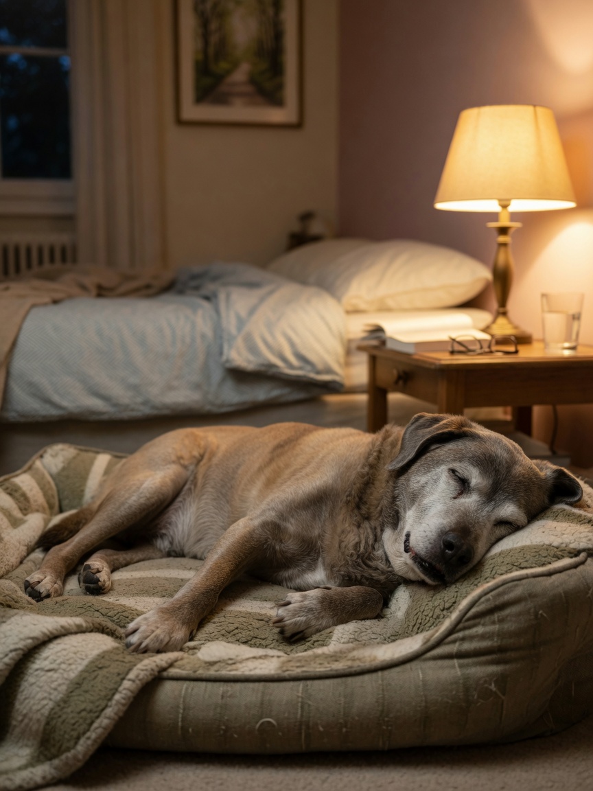 Senior dog sleeping peacefully on a bed in soft night lighting