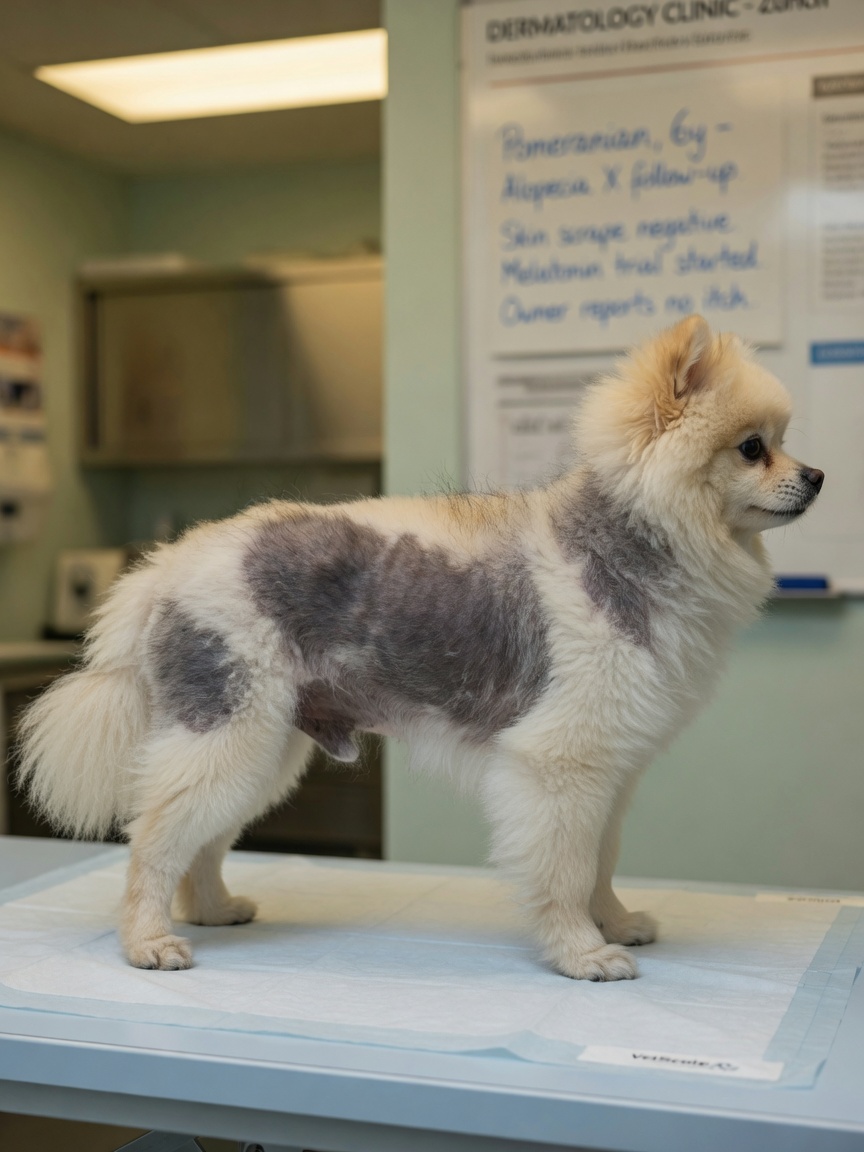 Pomeranian with Alopecia X showing symmetrical hair loss and skin darkening on the trunk