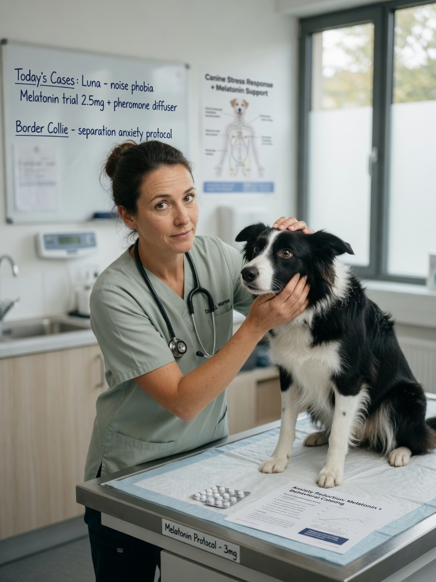 Veterinarian examining an anxious border collie, representing professional guidance for melatonin use in canine brain regulation