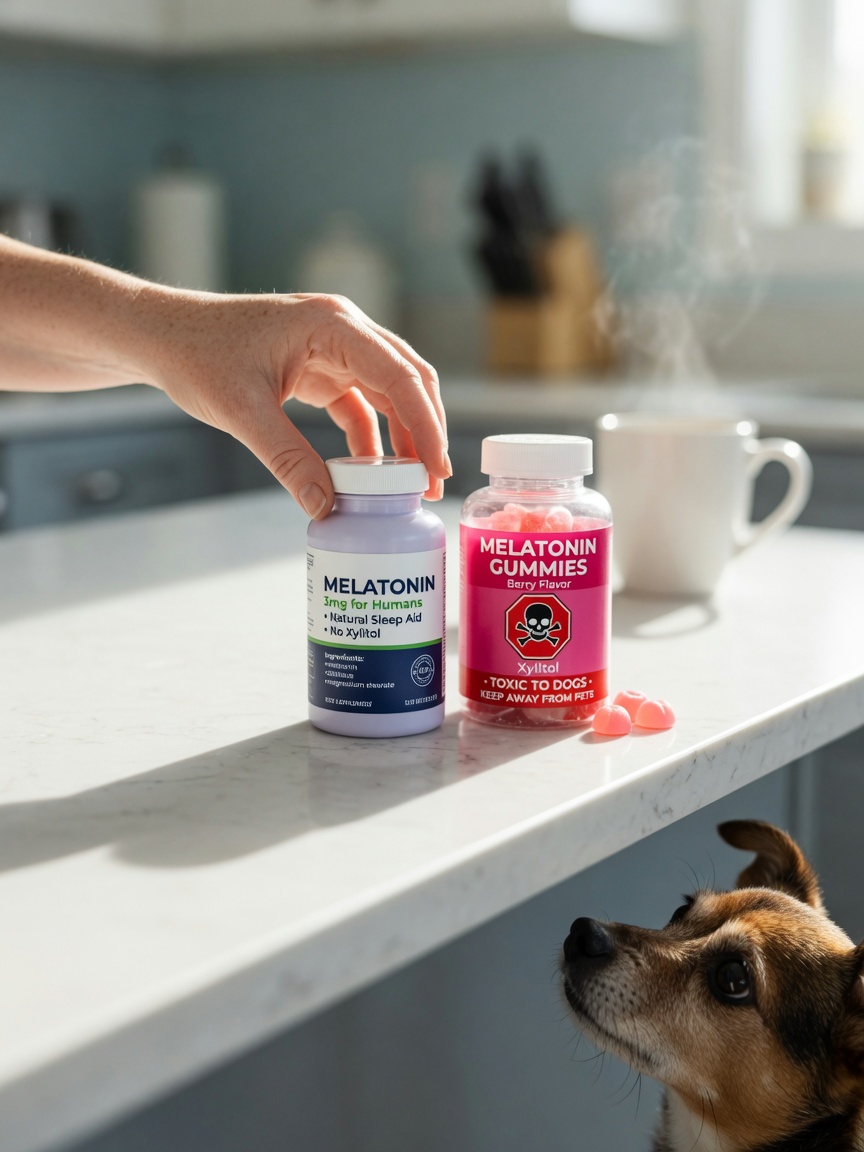 Pet owner carefully reading melatonin bottle ingredients on kitchen counter to check for xylitol toxicity