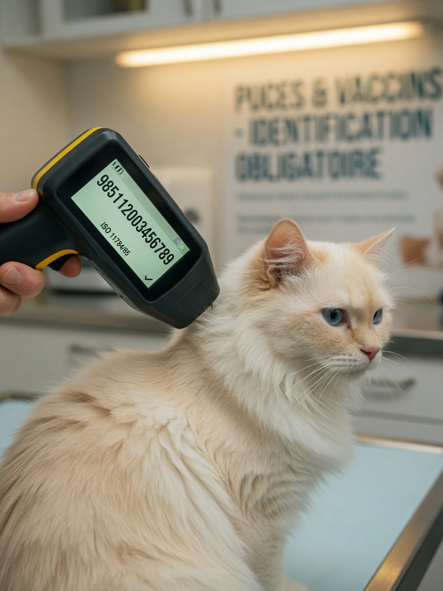 A microchip scanner reading the identification chip implanted in a cat's neck at a veterinary clinic