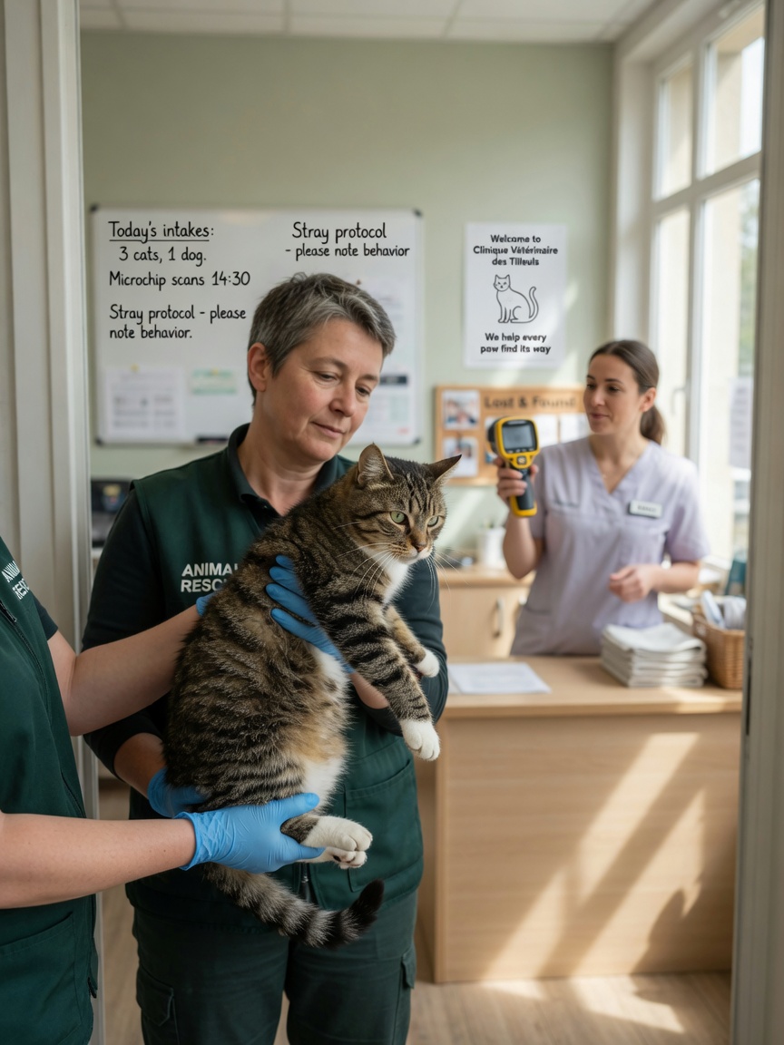 A stray cat being brought into a veterinary clinic where it will be scanned for a microchip