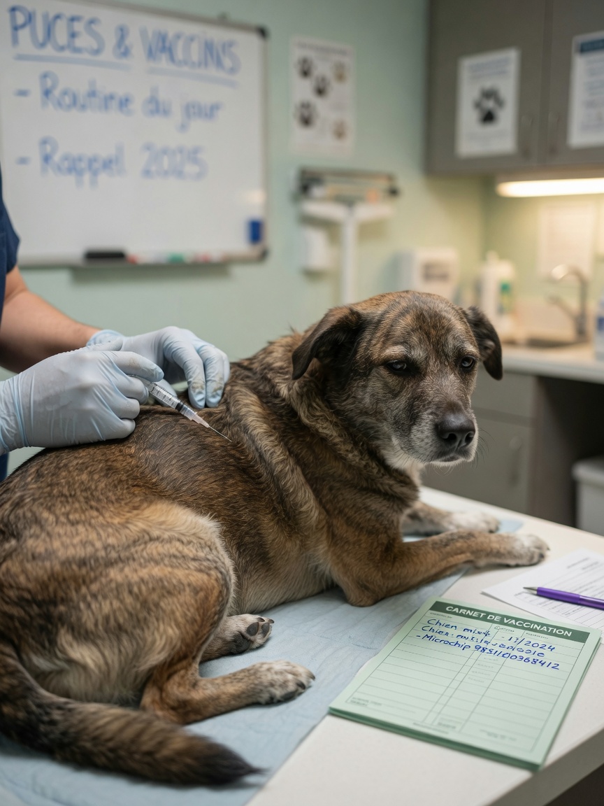 Dog receiving a microchip injection at a veterinary clinic, showing the procedure is similar to a vaccination