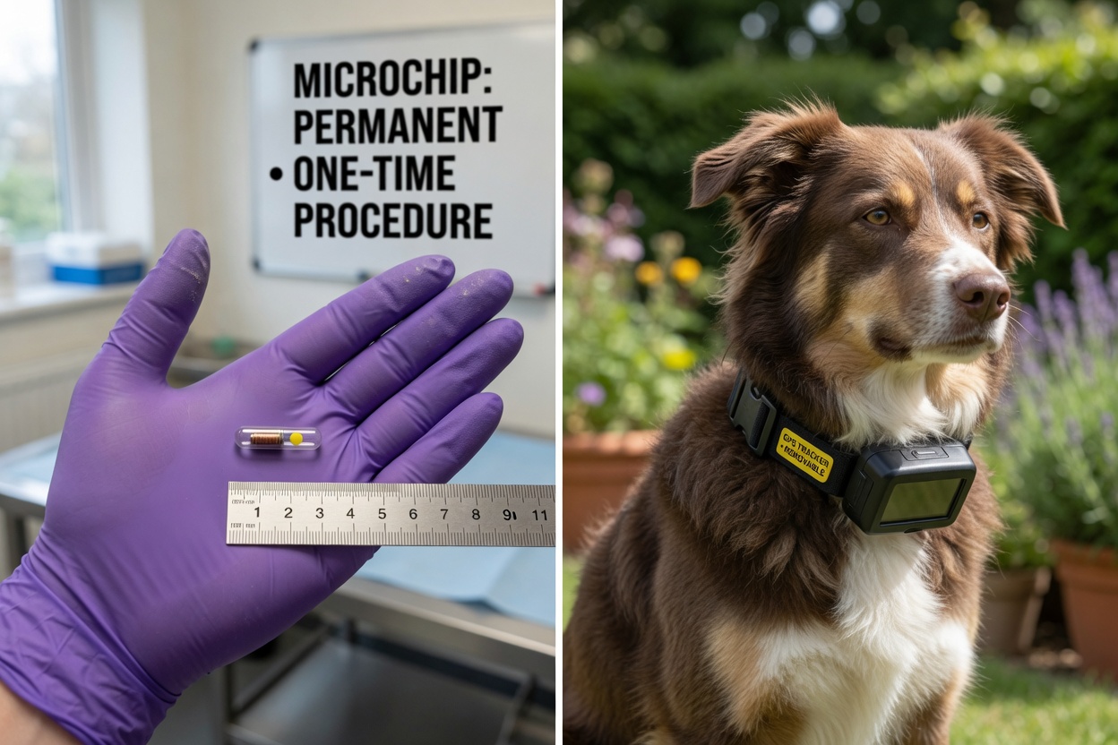 Comparison of microchip size in a vet's palm and a dog wearing a GPS tracking collar