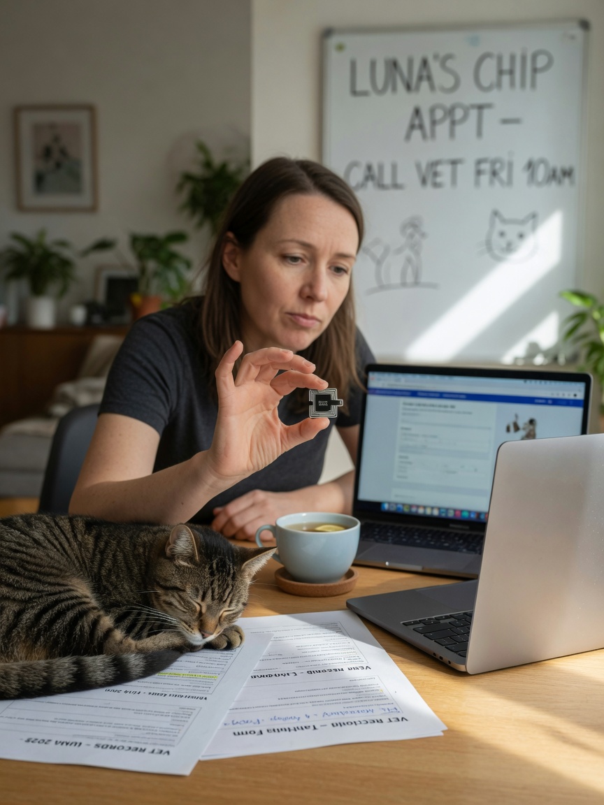 Pet owner updating microchip registration details on a laptop at home
