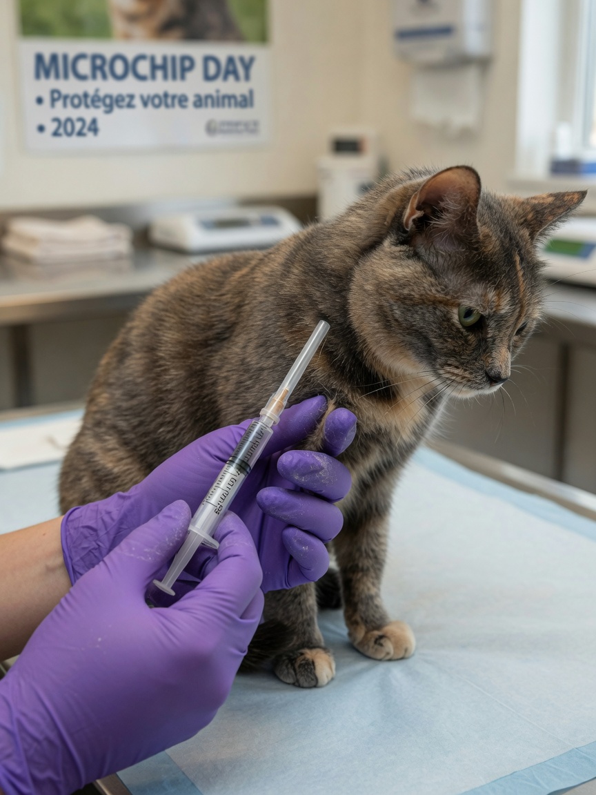 Veterinarian preparing to implant a microchip using a sterile hypodermic needle between a cat's shoulder blades