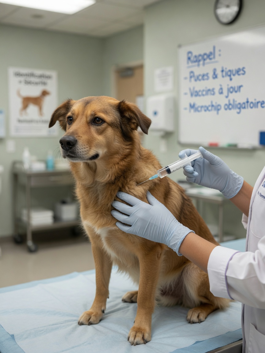 Veterinarian implanting a microchip into a dog's shoulder blade area during routine procedure
