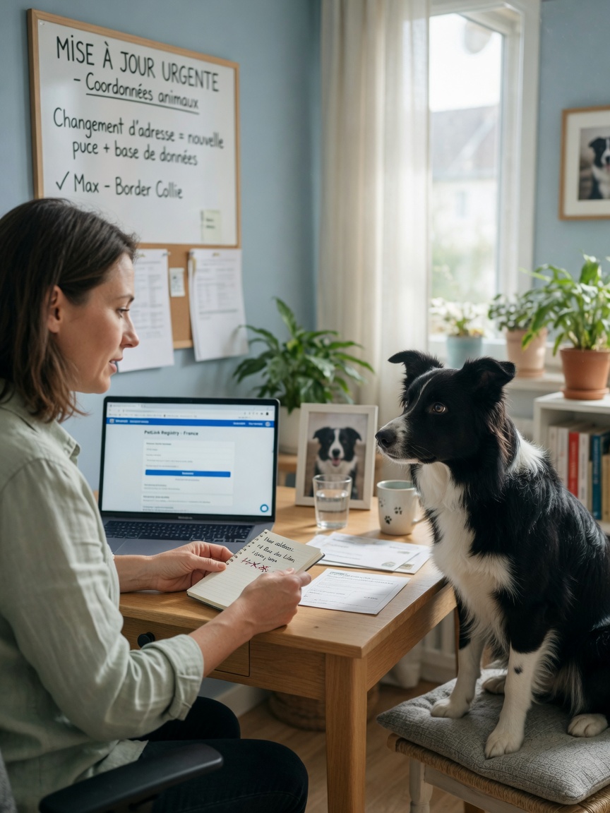 Pet owner updating microchip registration details on a computer while their dog sits nearby
