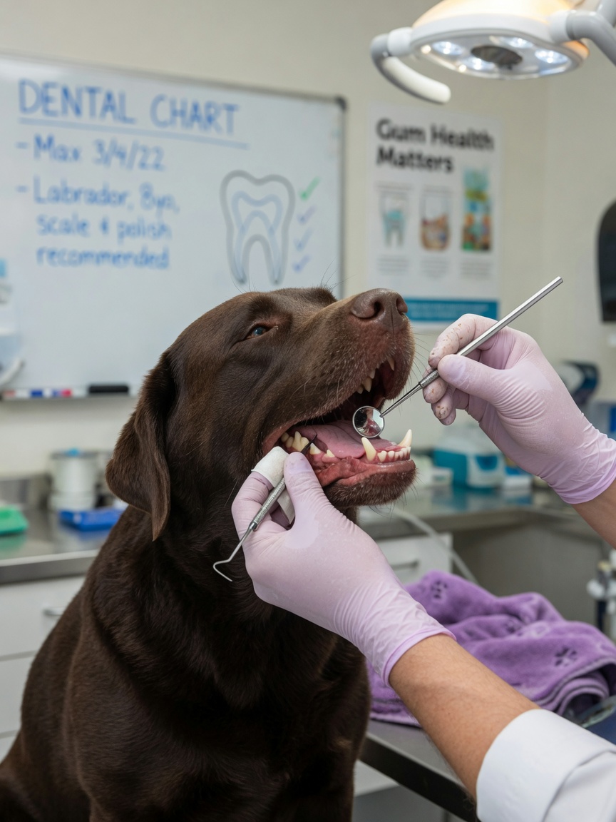 Veterinario realizando examen dental exhaustivo en perro de mediana edad durante revisión de salud