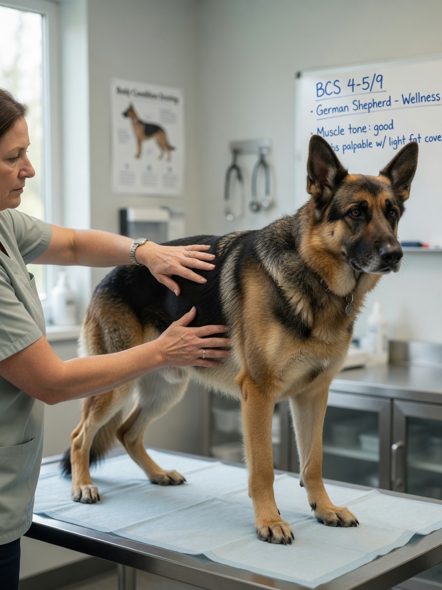 Veterinario realizando evaluación práctica de condición corporal en Pastor Alemán de mediana edad