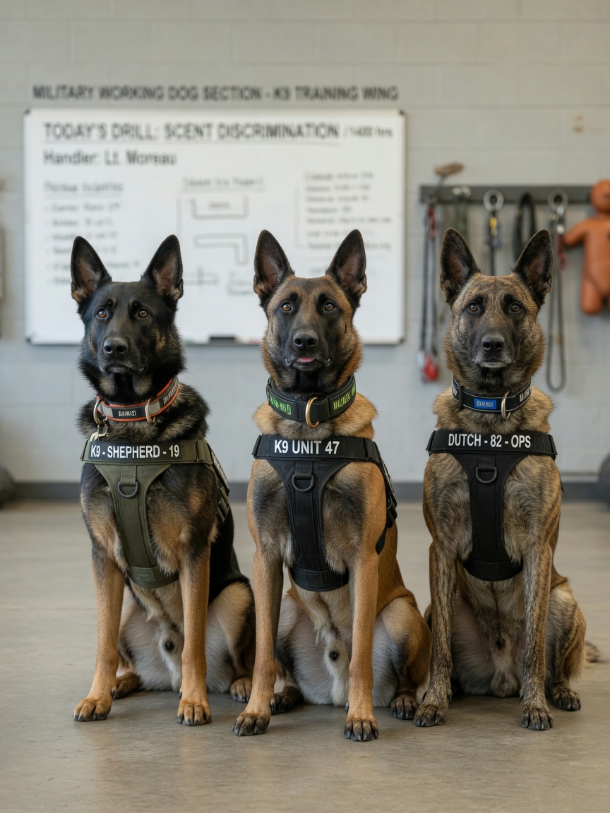 Three military working dog breeds—Belgian Malinois, German Shepherd, and Dutch Shepherd—in tactical harnesses standing in professional formation.