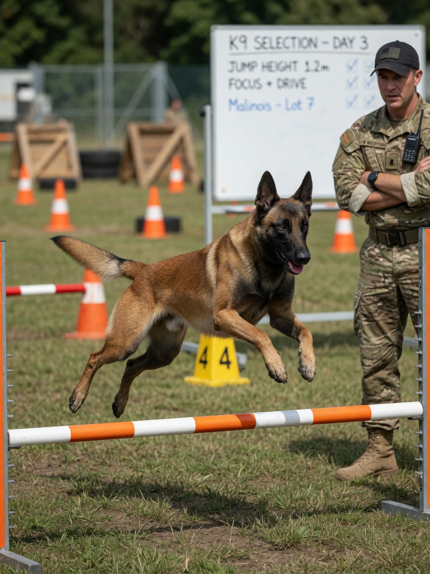 A Belgian Malinois in mid-jump over an obstacle during military selection and aptitude testing, demonstrating athletic ability and drive.
