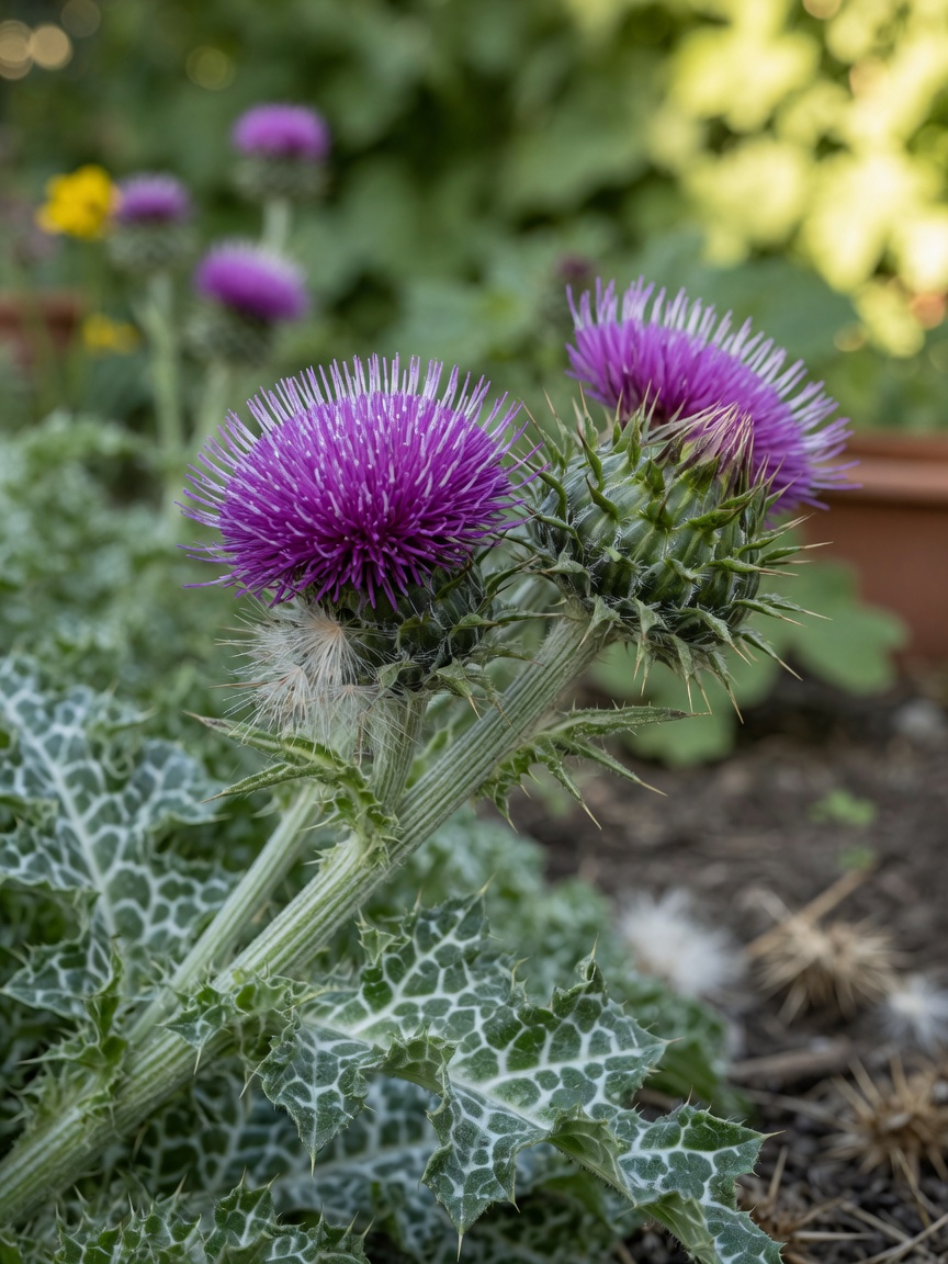 Close-up of fresh milk thistle plant with purple flowers and distinctive spiky foliage in natural daylight