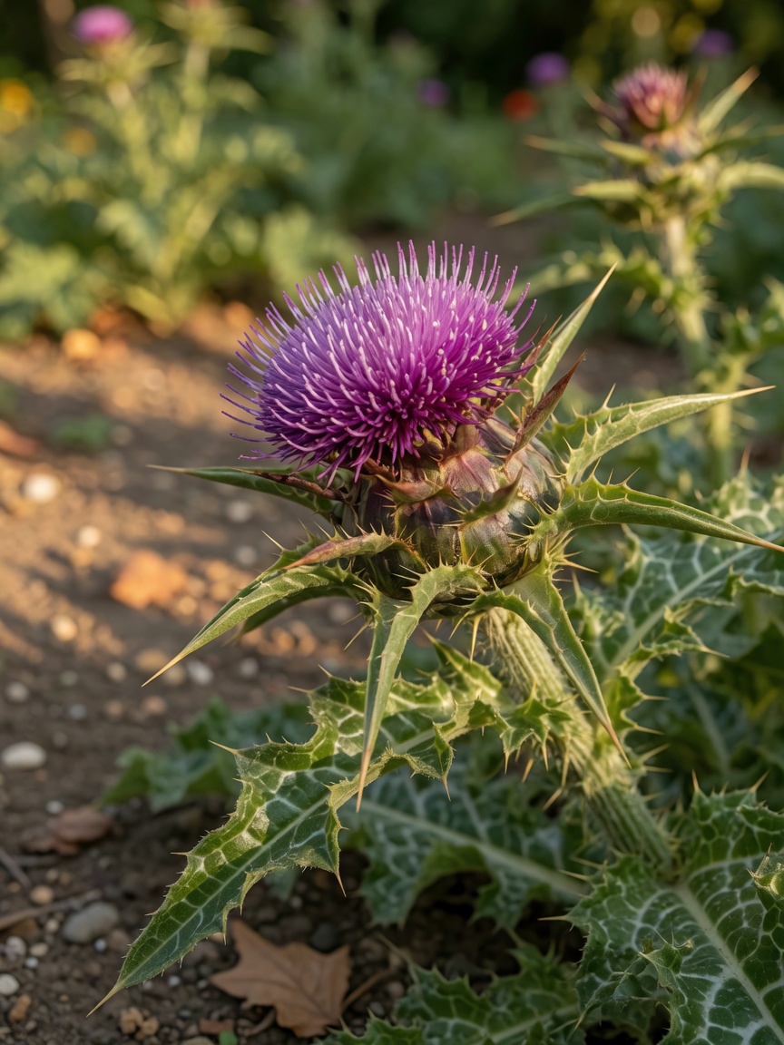 Fresh milk thistle plant with purple flower head and prickly leaves in natural garden light