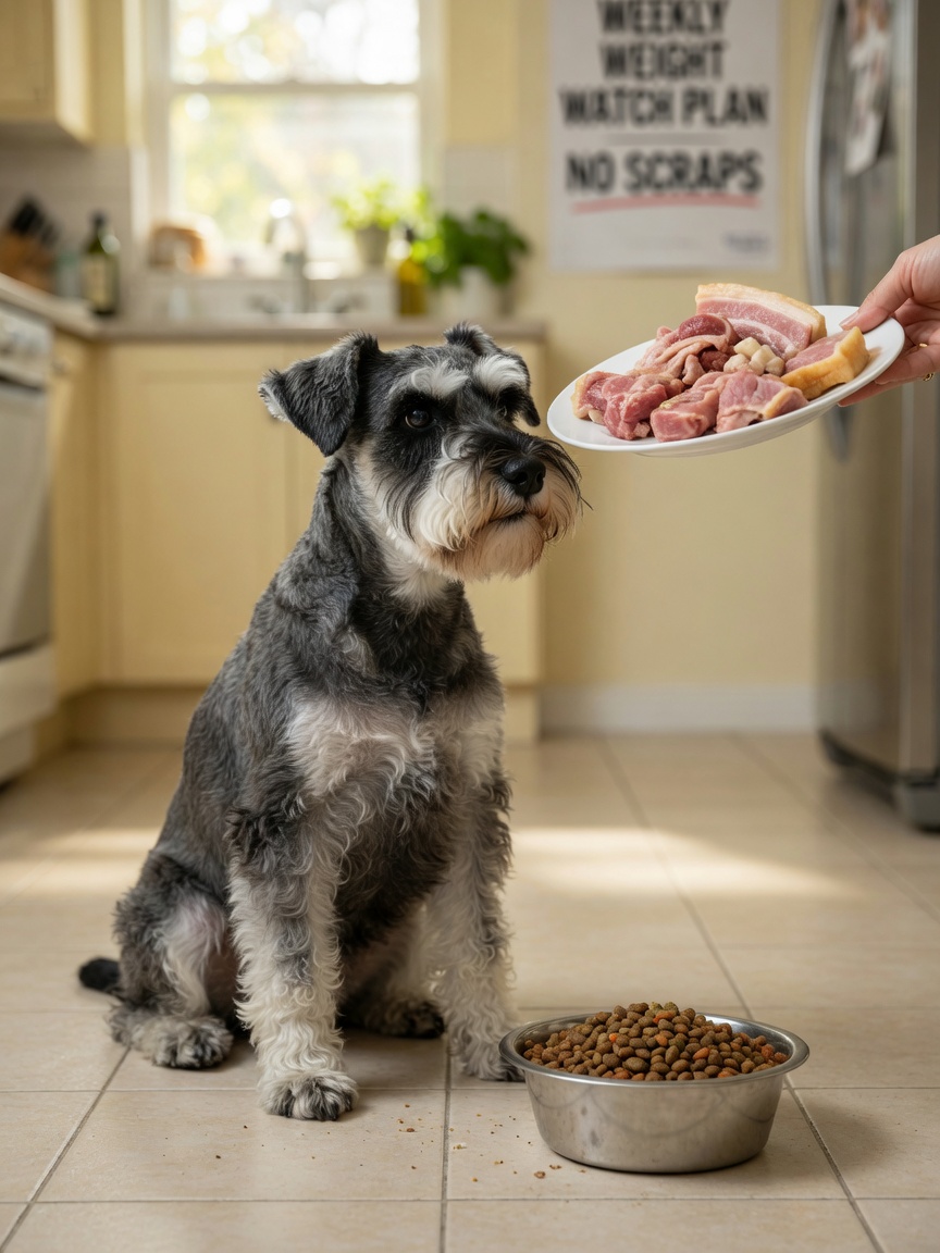 Miniature Schnauzer with measured low-fat diet bowl, owner preventing access to fatty table scraps