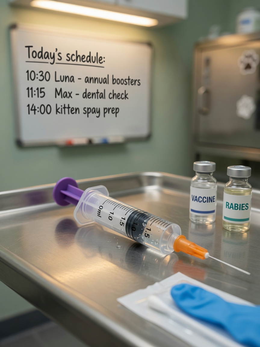 Medical syringe and vials on veterinary examination tray representing mismate injection options