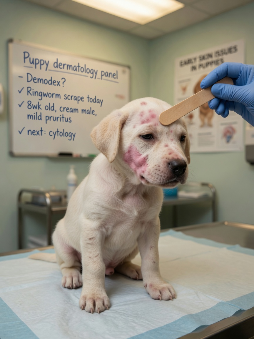 Puppy undergoing veterinary examination for localized demodicosis with visible hair loss patches on face