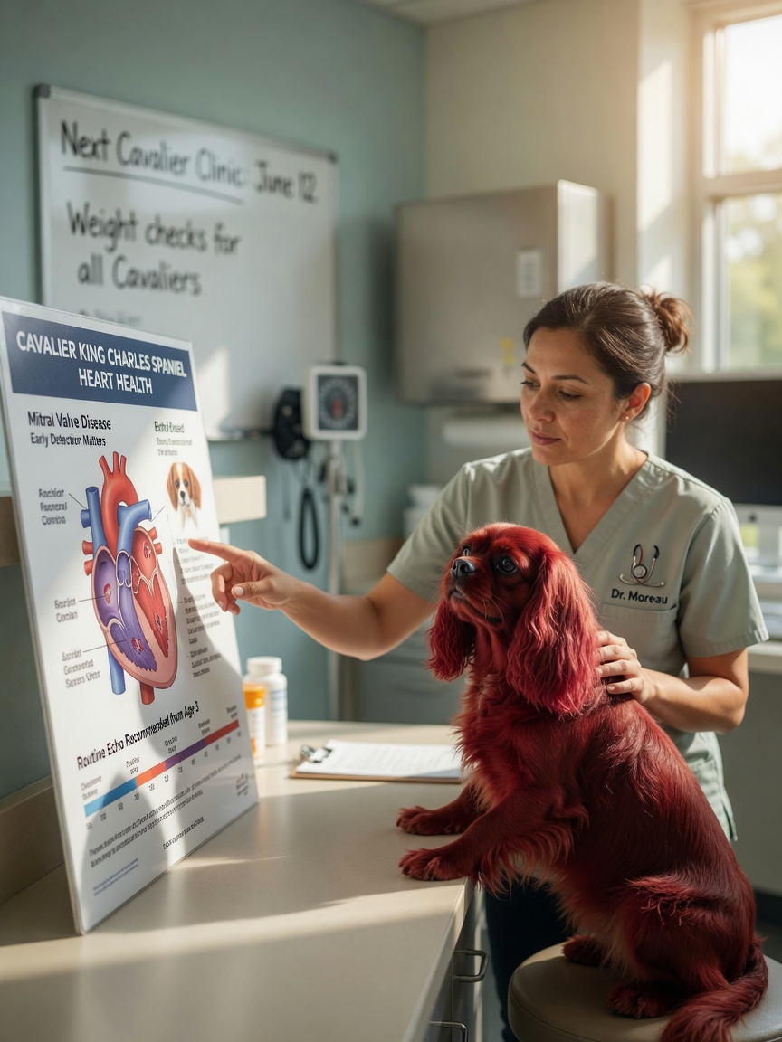 Cavalier King Charles Spaniel con propietario consultando con veterinario sobre el riesgo de enfermedad cardíaca específica de la raza
