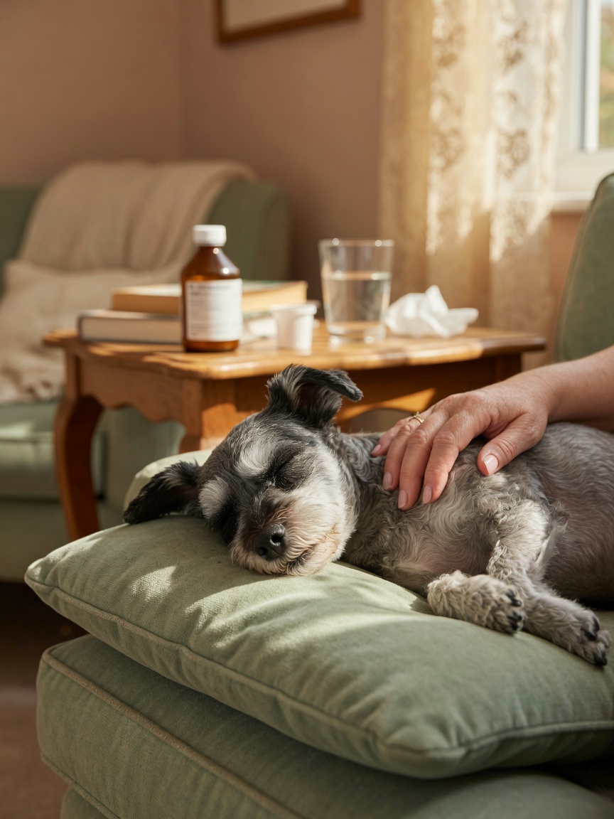 Perro senior descansando cómodamente en casa con la mano suave del propietario cerca y medicación en la mesita lateral