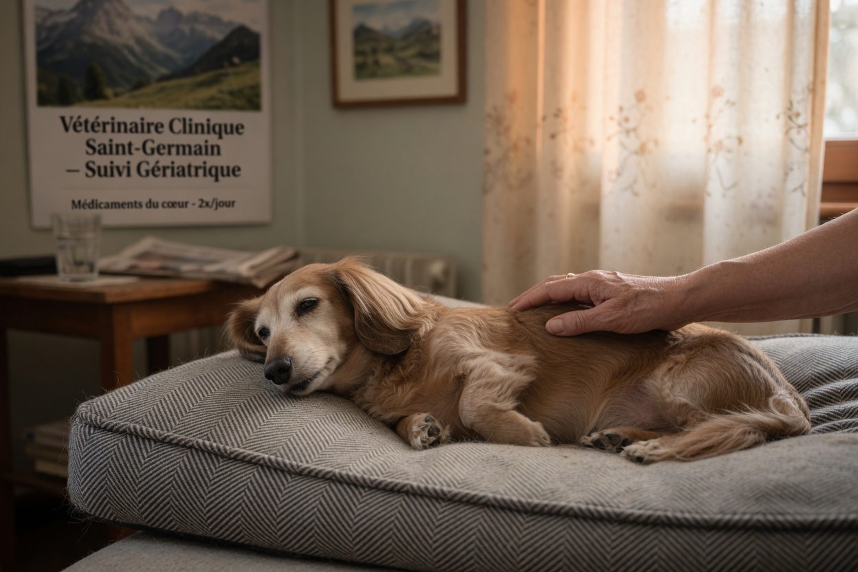 Elderly Dachshund resting on orthopedic bed with owner's hand gently touching its back, showing signs of heart disease fatigue