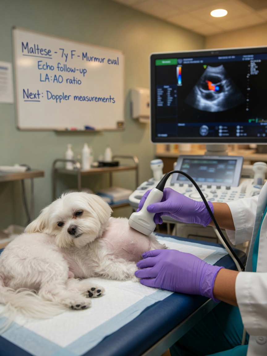 Veterinary cardiologist performing echocardiography ultrasound examination on a Maltese dog's heart