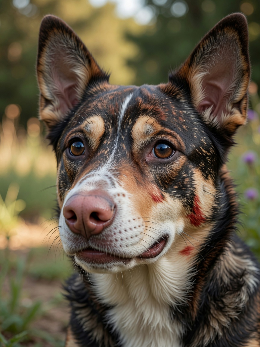 Primer plano de la cara de un perro de raza mixta saludable mostrando colores de pelaje vibrantes, ojos claros y signos de vitalidad genética.