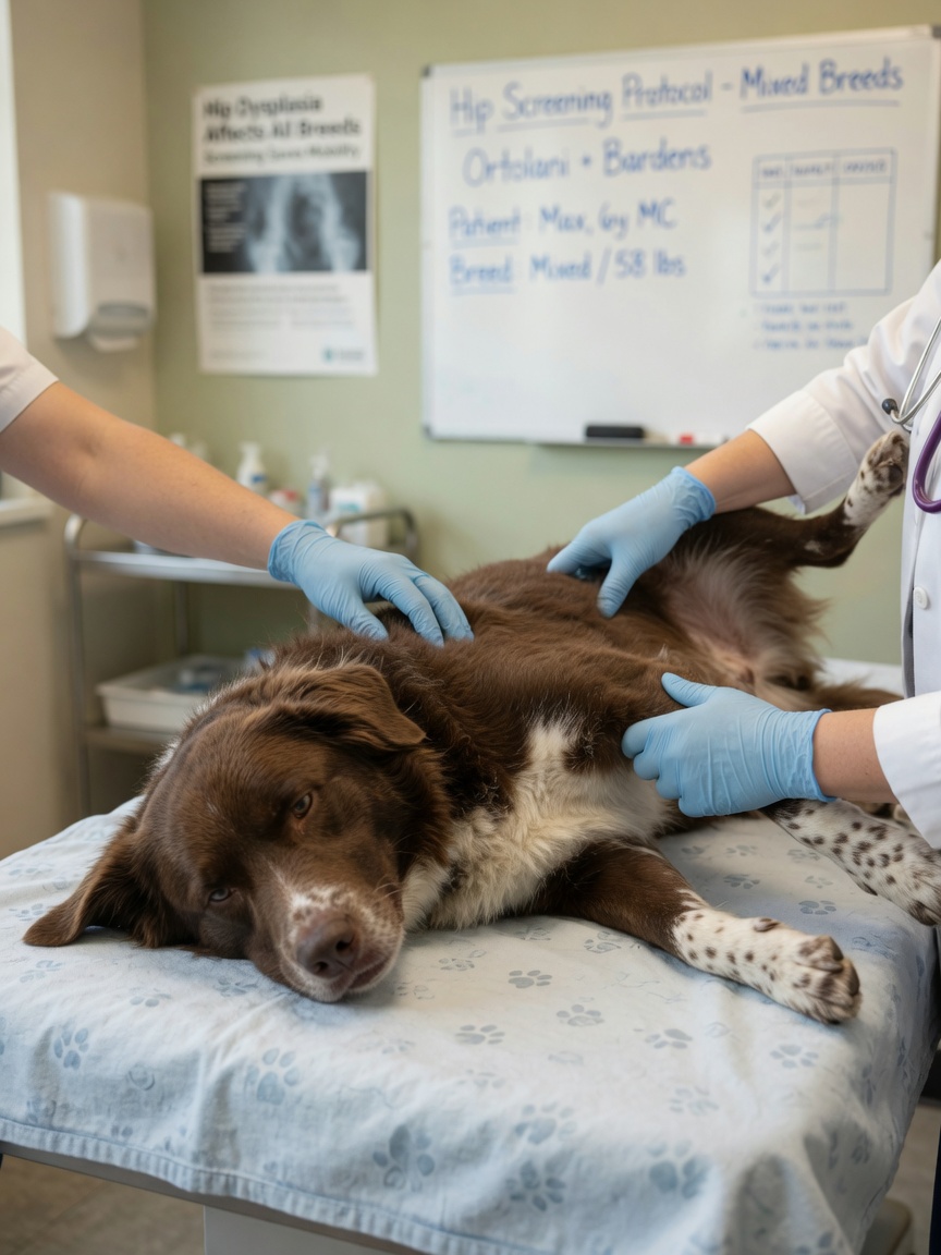 Veterinario realizando un examen de cadera en un perro de raza mixta grande durante un examen de salud de rutina.