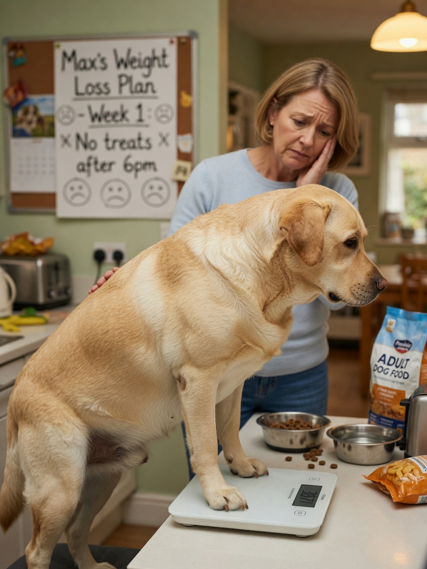 Overweight dog standing on scale showing weight management concerns