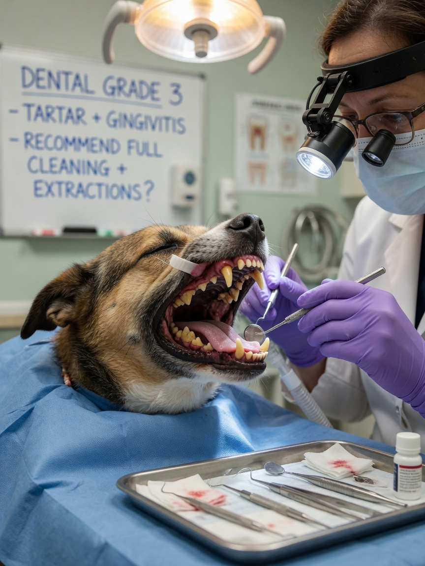 Veterinary dental examination showing tartar buildup and gum disease in a dog's mouth