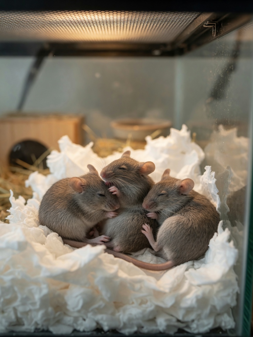 Three female mice bonding together peacefully in their enclosure, demonstrating social housing