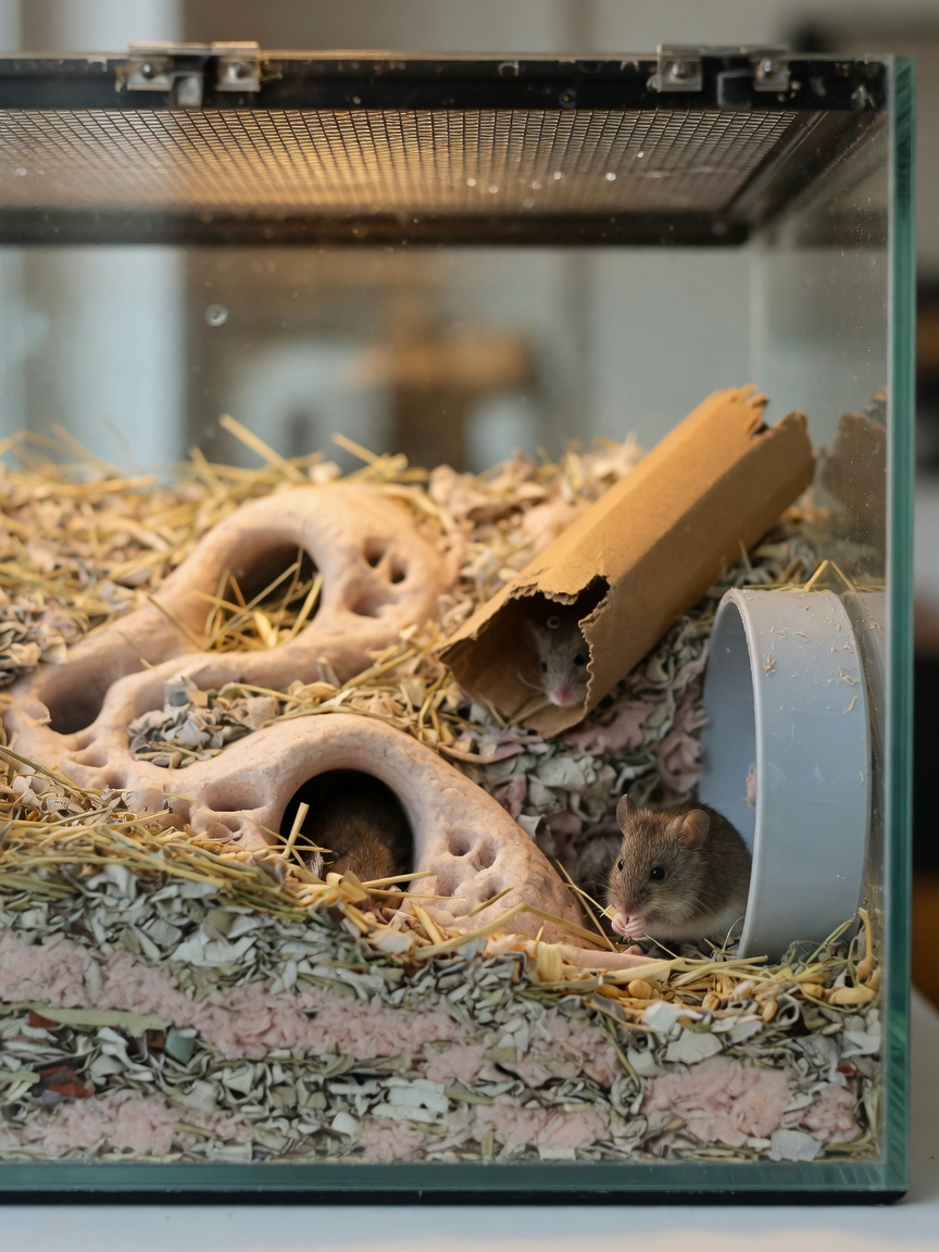 A properly equipped glass enclosure for mice showing deep bedding, enrichment items, and adequate space